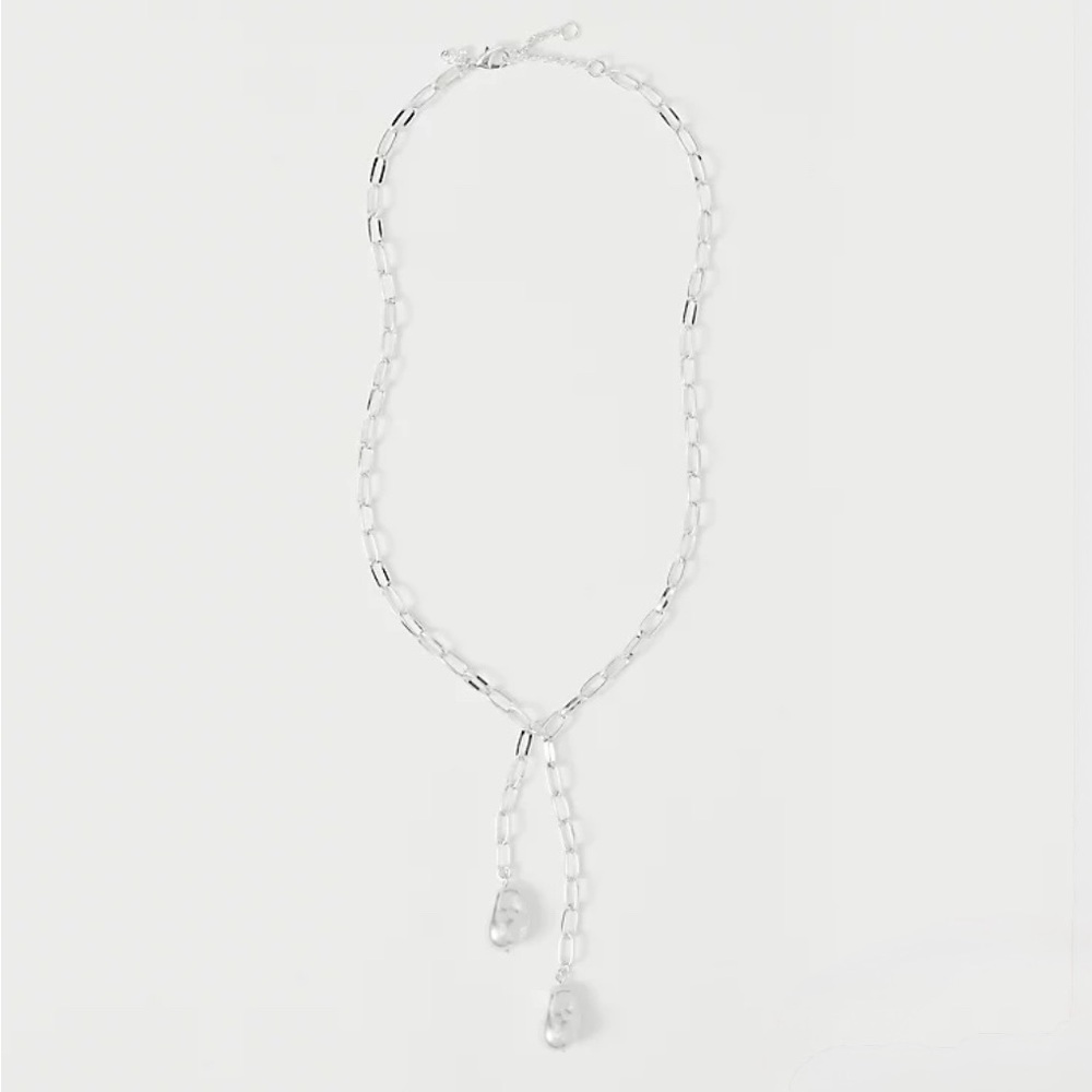 NWT, Ann Taylor, Double Lariat Pearl Silver Necklace, Adjustable Length
